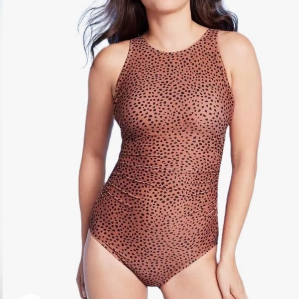 EUC Kona Sol Animal Print High Neck Swimsuit with Ruching
